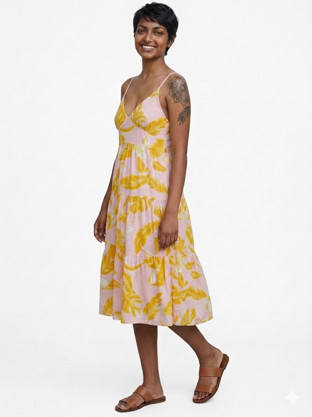 Wild Fable Tropical Floral Tiered Midi Sundress Pink Yellow XS